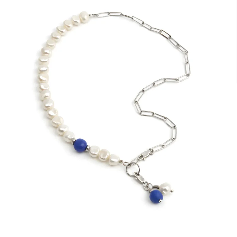 Gėlavandenių perlų, sidabro ir mėlyno porceliano vėrinys