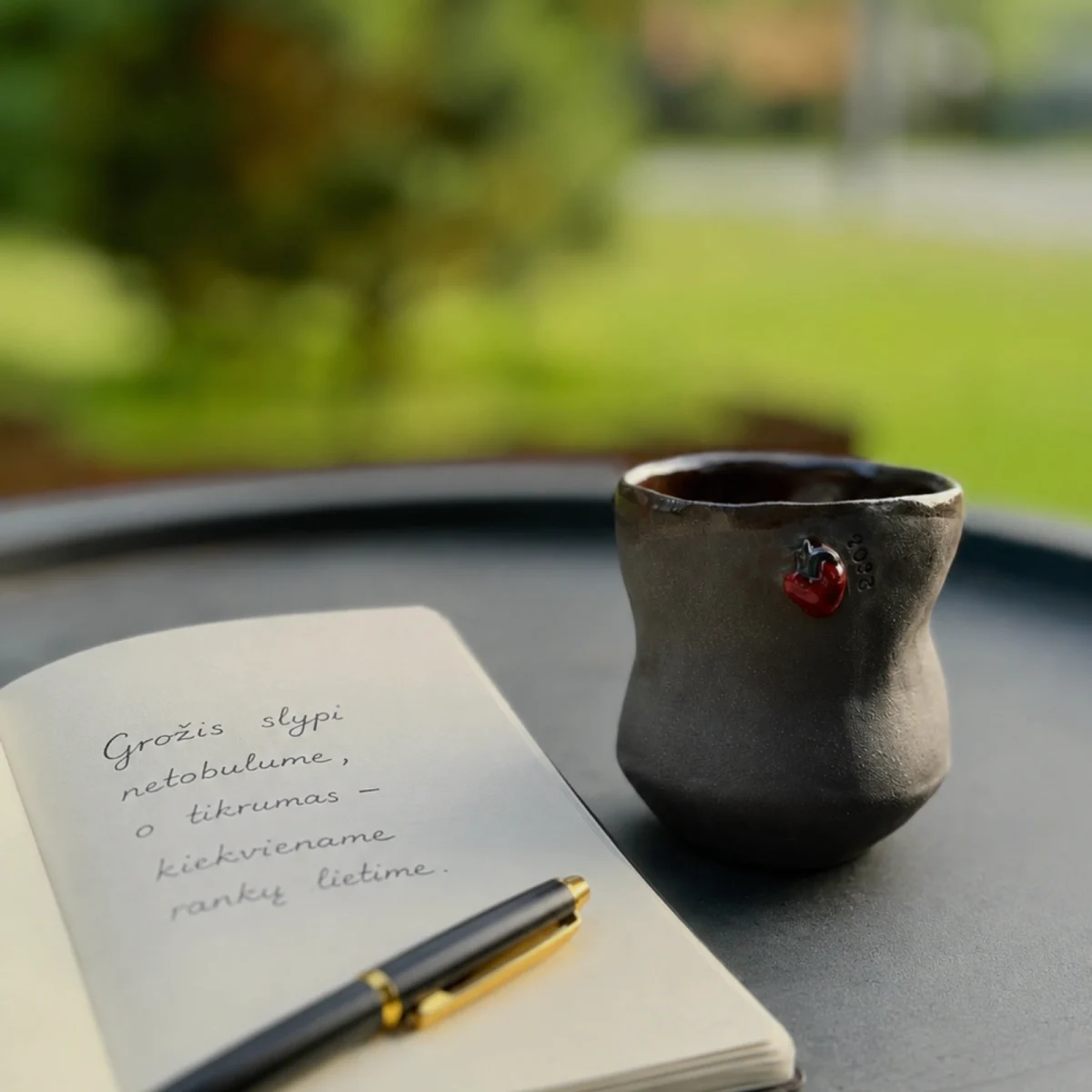 A handmade mug with an anatomical heart beside an open notebook with a handwritten line