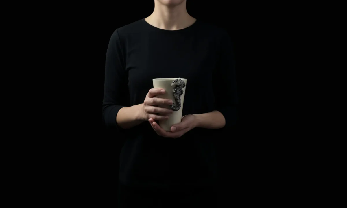 Unikalus puodelis su jūros arkliuko miniatiūra