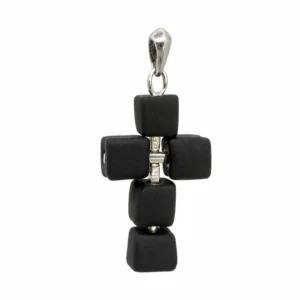 Silver cross pendant with black porcelain miniatures, a gift for a man