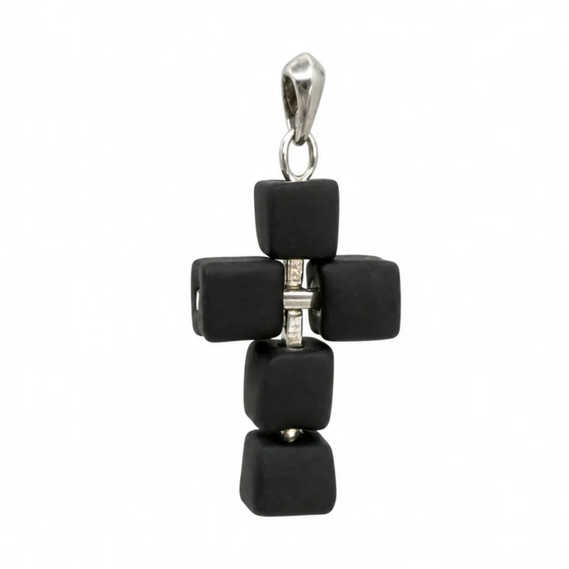 Sidabrinis-kryželis-su-juodo-porceliano-miniatiūromis Silver cross pendant with black porcelain miniatures, a gift for a man
